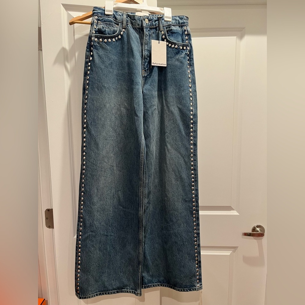 NWT Reformation Cary High Rise Slouchy Wide Leg Jeans Chesapeake Studded Blue - Picture 5 of 6